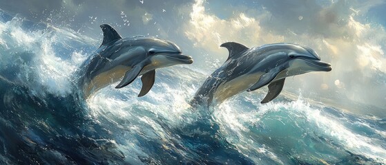 Oceanic Symphony: Two Dolphins Leap Joyfully Through Waves