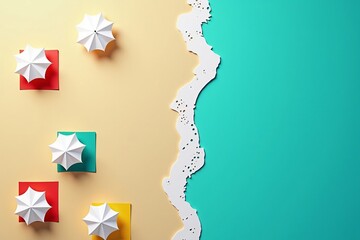 Summer scene with colorful beach chairs and white umbrellas near stylized ocean shoreline on pastel background