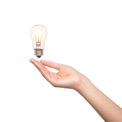Hand glowing light bulb floating idea innovation creativity energy inspiration isolated transparency background concept