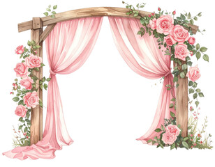 Pastel pink floral archway with flowing fabric