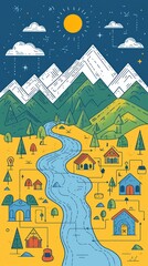 Serene Mountain Village: A Line Art Landscape of Harmony