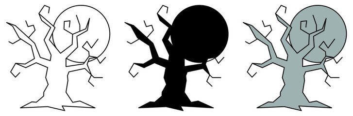 Three stylized tree illustrations with a full moon in the background, perfect for spooky themes. Each tree is uniquely rendered, offering distinct visual interpretations.