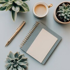 Flatlay Desk Workspace- Notebook, Pen, Coffee, Succulents