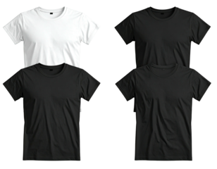 Four plain t-shirts, two white and two black, displayed vertically in a 2x2 grid
