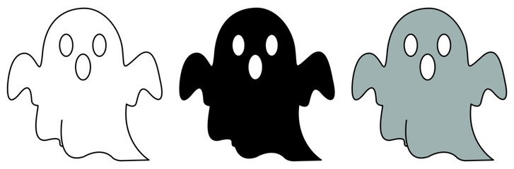 Three cute ghost illustration in different colors, suitable for Halloween decoration and thematic purposes