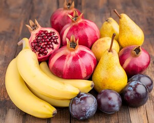 Vibrant Fruit Still Life- Pomegranates, Pears, Bananas, Plums