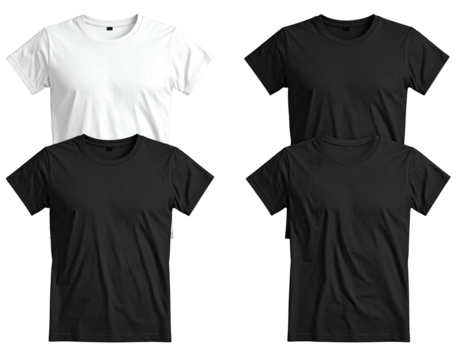 Four plain t-shirts, two white and two black, displayed vertically in a 2x2 grid