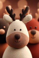 Cute reindeer toy with textured surface. Christmas plush animal decoration. Festive holiday season mood with brown background.