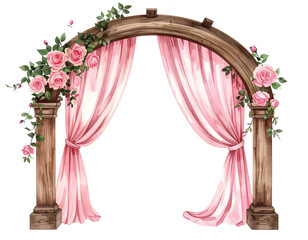 Romantic archway adorned with pink drapes and roses (1)