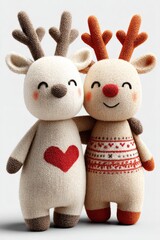 Two cute knitted reindeer characters embracing. Christmas reindeer friend for holiday decoration or greeting card. Cozy winter celebration.