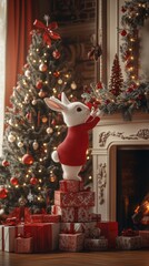 White rabbit in red sweater decorating christmas tree and mantelplace with gift box. Funny animal holiday scene. December season.