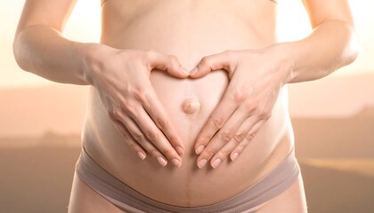 Glowing pregnant woman lovingly cradling baby bump with heart-shaped hands, symbolizing connection, maternal love, and the beautiful journey of pregnancy and new life, perfect for wellness brands