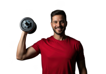 Man in red shirt smiling while lifting dumbbell for strength training workout isolated on transparent background