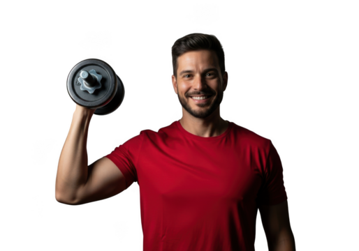 Man in red shirt smiling while lifting dumbbell for strength training workout isolated on transparent background - Powered by Adobe