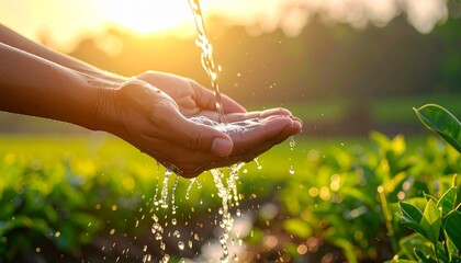 Hands catching water with a field and sunset in the background.