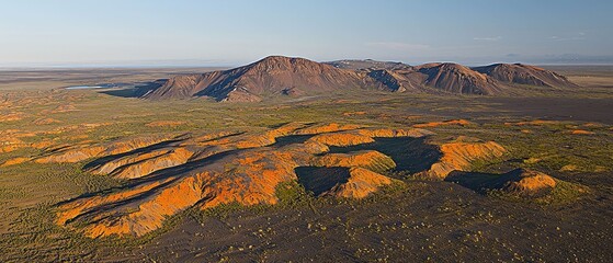 Aerial View of Volcanic Landscape in Iceland: A Breathtaking Panorama of Diverse Craters and Mountains