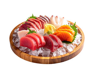 Round wooden platter filled with various sashimi slices on ice