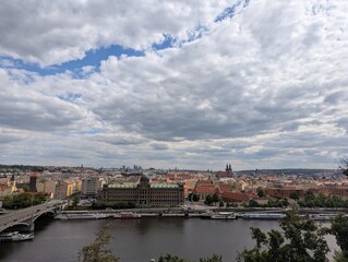 Panoramic cityscape of Prague with the Vltava River and historic skyline