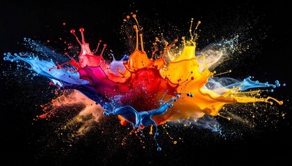 Colorful paint explosion against a black background, creating a vibrant and dynamic abstract design.