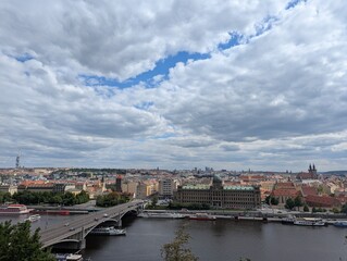 Prague cityscape with Vltava River, bridge, and historic skyline