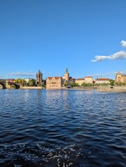 Prague Vltava River with Charles Bridge and Old Town Bridge Tower