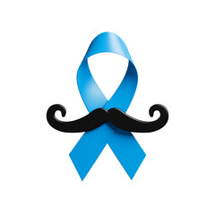 Blue ribbon with mustache silhouette isolated on white, PNG. Symbolizes men's health awareness, prostate cancer. 3d rendering
