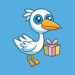 Adorable bird cartoon character holding a gift box with a blue background