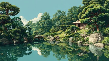 Obraz premium Serene Pixel Art Landscape: A Harmonious Blend of Nature and Architecture