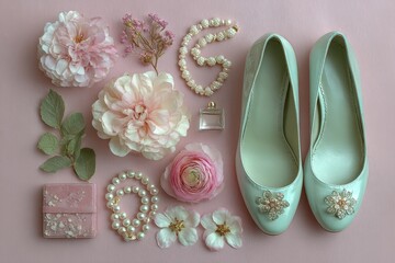 Elegant bridal flat shoes adorned with pearls and delicate flowers, evoking romance and sophistication for wedding day dreams