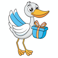 Cartoon stork carrying a blue gift box