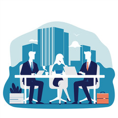Business negotiation discussion at table with man and woman in front of skyscraper city background