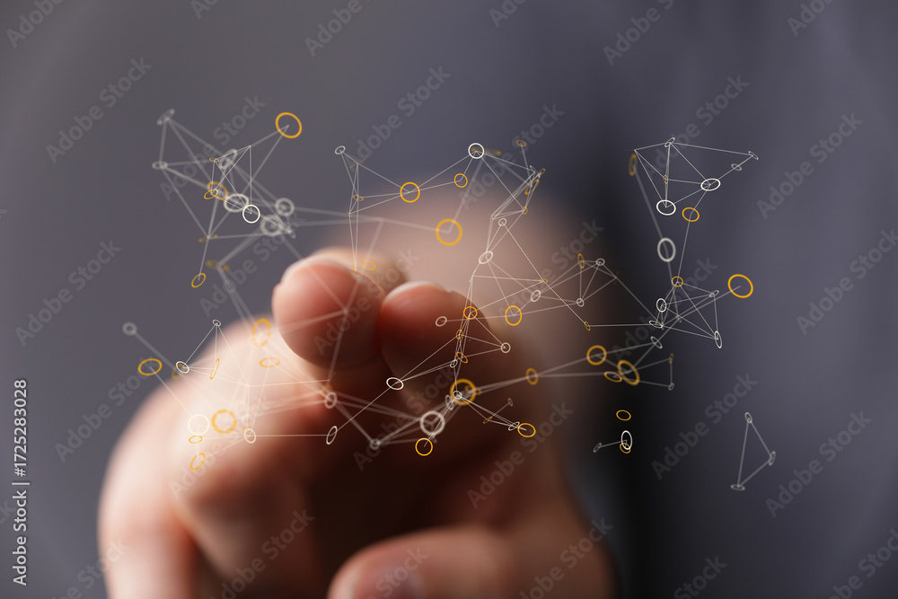 Poster abstract image of fingertip interacting with a digital network. perfect for technology, connection, 