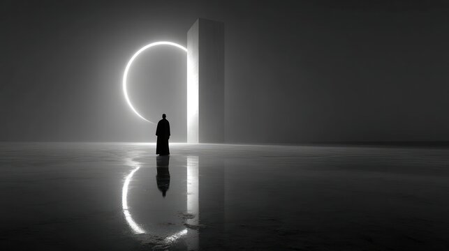 Mysterious figure at illuminated portal