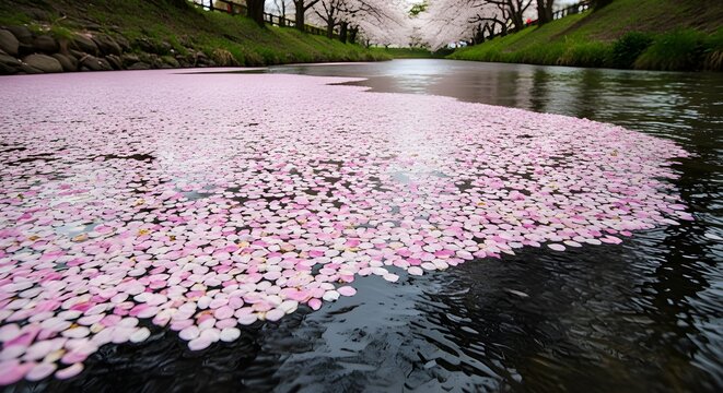 pink cherry blossom petals floating on japanese river
