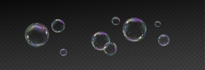 Realistic soap vector bubbles png isolated on transparent background. The effect of falling and flying bubbles. Glass bubble effect.	
