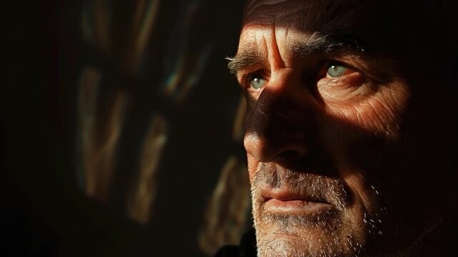 A close-up shot of a man's face with the sun shining down on him, great for representing warmth and happiness