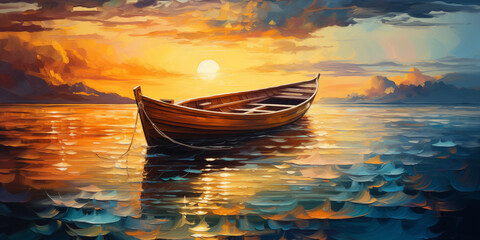 Fototapeta premium Serene wooden rowboat drifts peacefully on shimmering water reflecting a vibrant, golden sunset sky with distant, majestic mountains