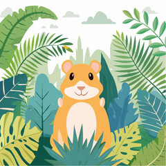 Cute cartoon hamster sitting among lush green tropical leaves and plants in a jungle setting.