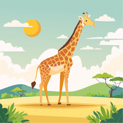Fototapeta premium Vibrant cartoon illustration of a tall giraffe standing gracefully in a sunny African savanna landscape with acacia trees and hills.