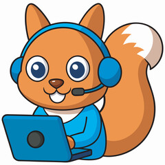 Cartoon squirrel wearing headset using laptop