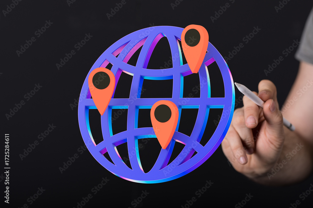 Poster 3d illustration of a world map with location pins, representing global connectivity and networking.
