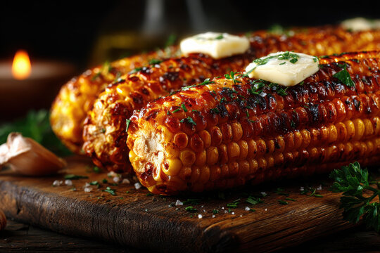 Grilled corn on the cob with butter and herbs served on wooden board - Powered by Adobe