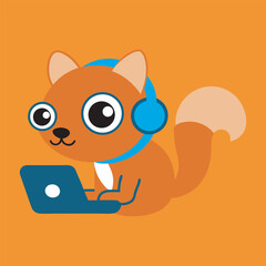 Cartoon squirrel with headphones working on a laptop against orange background
