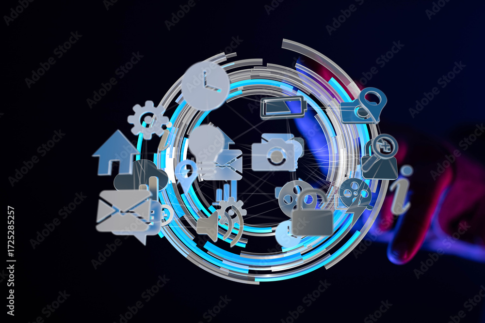 Poster abstract image of a digital network connection with various icons representing technology and commun