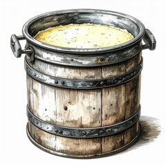 Fototapeta premium Rustic Wooden Bucket Filled with Yellow Liquid Still Life Illustration on White Background