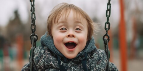 Down syndrome. Joyful child swinging at a playground in early spring with bright expression and carefree spirit