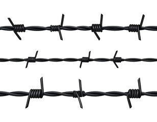 Three parallel strands of black barbed wire against a black background.  Each strand is detailed with wire twists and sharp barbs