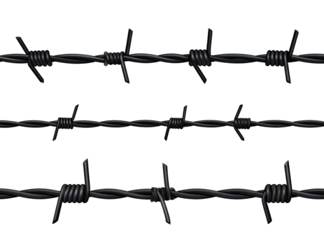Three parallel strands of black barbed wire against a black background.  Each strand is detailed with wire twists and sharp barbs