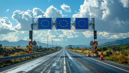 A highway stretches to the horizon under a bright sky, marked by a gateway displaying European Union flags
