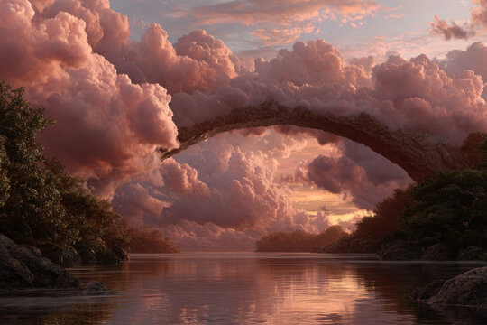 Surreal dreamscape with a rainbow bridge over a tranquil lake - Powered by Adobe